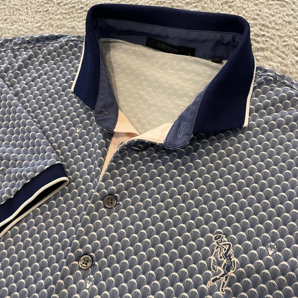Greyson Ponderous Wolf Polo Shirt Mens Large Blue Scallop Print Short Sleeve